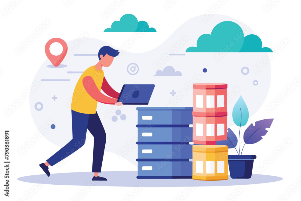 Poster A man is using a laptop while sitting on a stack of boxes, focusing on his work, a man backing up to big data, Simple and minimalist flat Vector Illustration