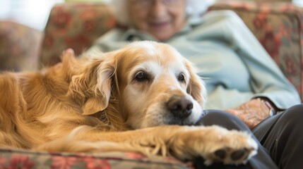 Pet therapy: A senior citizen smiles as a gentle therapy dog rests its head on their lap, providing comfort and companionship.