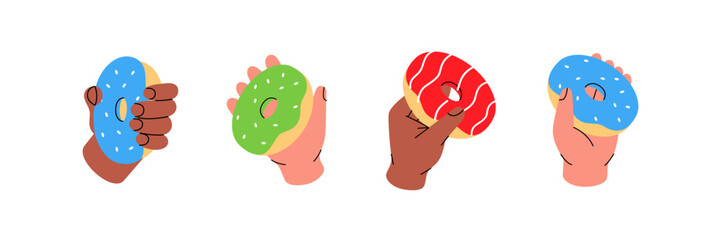 Hands holding donuts. Bakery sweet pastry food. Vector illustration. - 790361879