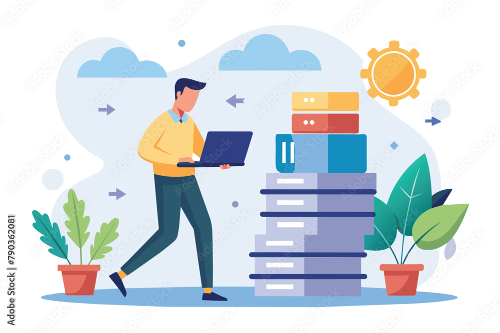 Poster a man is busy working on a laptop placed on a stack of books, a man is backing up company data, simp