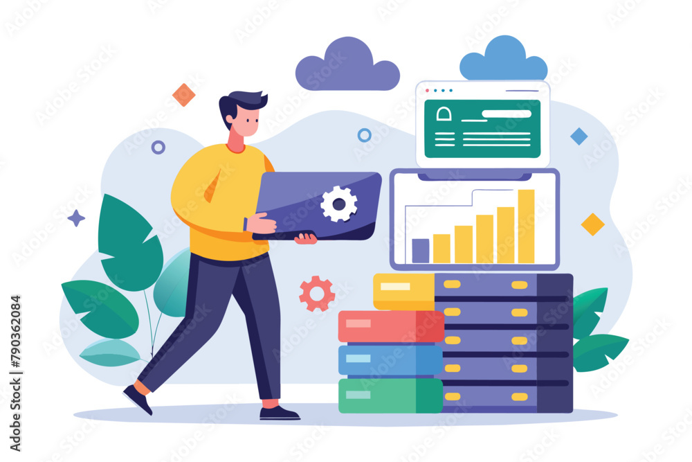 Poster a man transporting a box with a computer on top, a man is backing up company data, simple and minima