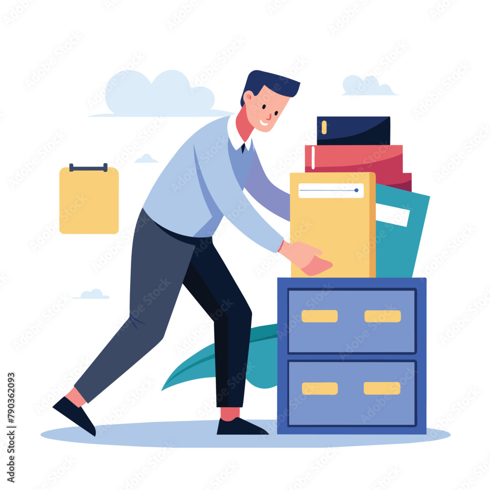 Poster a man is seen pulling out a stack of files from a filing cabinet, a man is backing up files, simple 