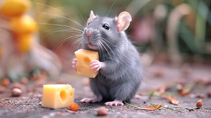 a large gray rat holds cheese in its paws