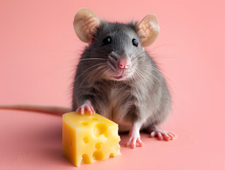 portrait of a large gray rat holding cheese with its paw