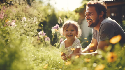 Joyful father and young daughter playing in sunlit garden, surrounded by lush flowers. Family Day with nature and parent-child bonding concept. Banner with copy space