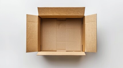 Top view an open brown empty cardboard box industrial package on white background. AI generated