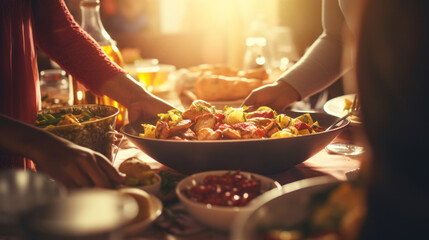 Hearty meal served at communal table, with hands reaching for various dishes in cozy sun setting. Thanksgiving with family and friends gathering. Homemade cooking. Sharing and community