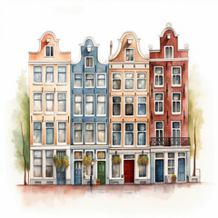 Minimal watercolour of Amsterdam, facades front view, tranquil surfaces, watercolor card - 790362227