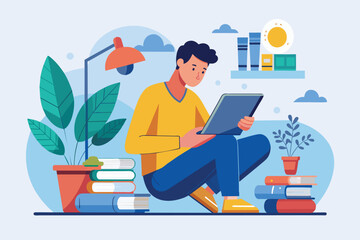 Fototapeta na wymiar A man sitting on the floor, using a tablet device for study or work purposes, a man is studying in front of a tablet, Simple and minimalist flat Vector Illustration