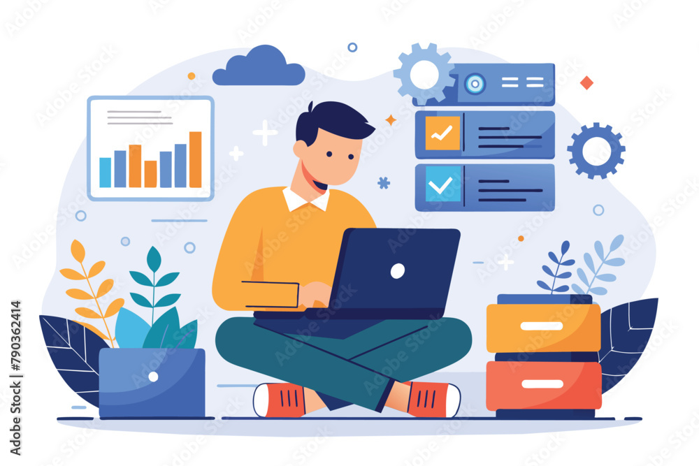 Poster a man sitting on the floor using a laptop computer to work or browse online, a man managing data on 