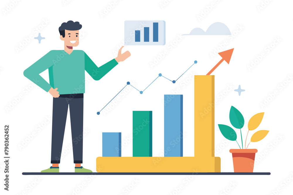 Aufkleber a man stands in front of a bar chart displaying growth data, a man presenting growth charts, simple 