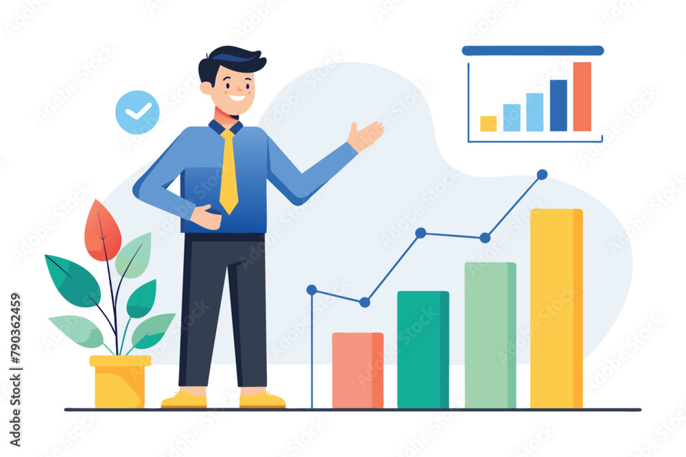 Canvas Prints A man stands before a bar chart, presenting data on growth trends with a serious expression, A man presenting growth charts, Simple and minimalist flat Vector Illustration