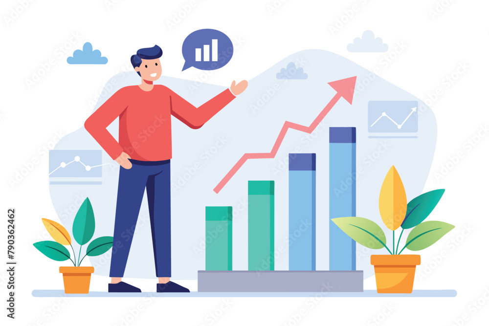 Poster male presenter explaining data on bar graph in a simple setting, a man presenting growth charts, sim