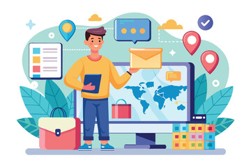 A man is shopping online from all over the world on a computer screen, A man shopping online from all over the world on computer screen, Simple and minimalist flat Vector Illustration