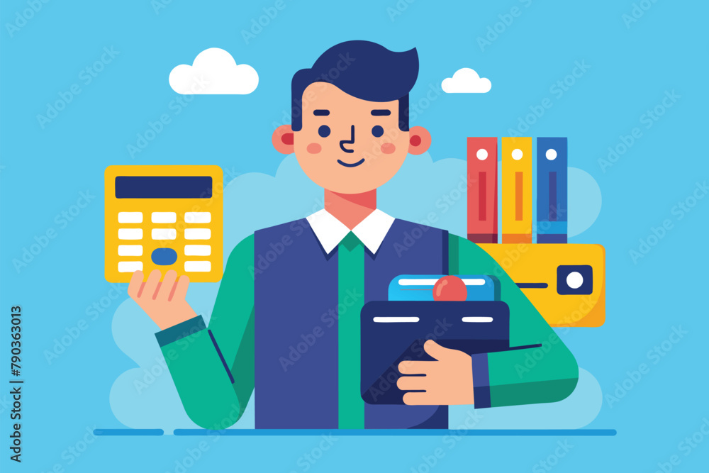 Poster man holding calculator and clipboard, a man with an edc machine and a credit card, simple and minima