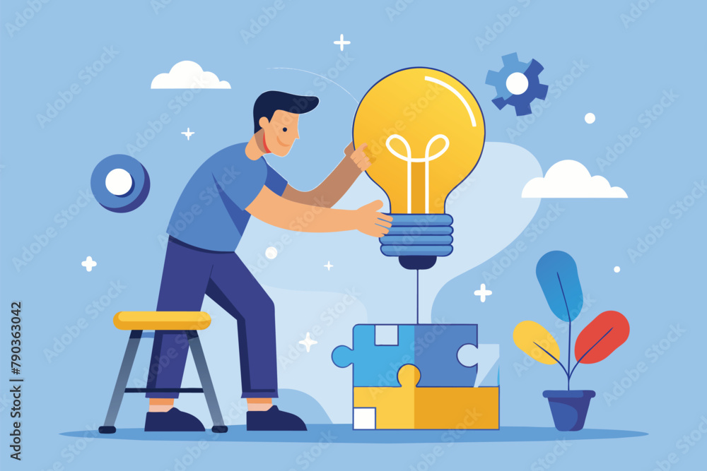 Poster a man is holding a light bulb over a puzzle piece, symbolizing generating ideas for problem-solving,