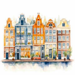 Obraz premium Minimal watercolour of Amsterdam, facades front view, tranquil surfaces, watercolor card