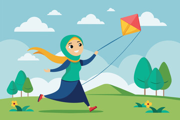A Muslim girl joyfully flies a kite in a sunny field, A Muslim girl flying a kite on a sunny day, Simple and minimalist flat Vector Illustration