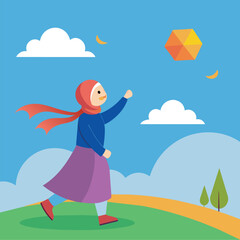Obraz na płótnie Canvas A Muslim girl flying a kite on a sunny day, A Muslim girl flying a kite on a sunny day, Simple and minimalist flat Vector Illustration
