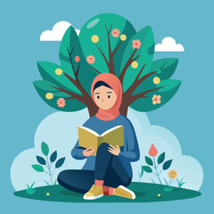 Muslim girl sitting under a tree, engrossed in reading a book, A Muslim girl reading a book under a tree, Simple and minimalist flat Vector Illustration