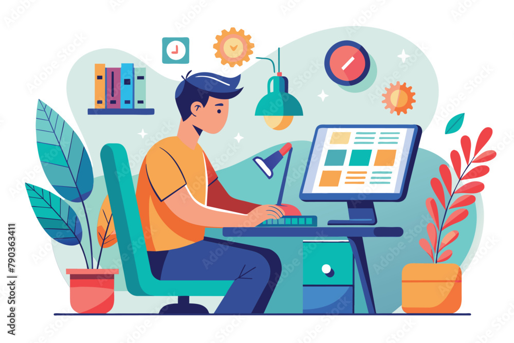 Poster a man is sitting at a desk, working on a graphic design project using a computer, a person working o