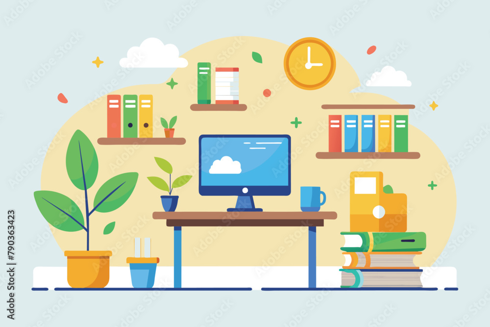 Poster a desktop computer placed on top of a desk, a place to learn, simple and minimalist flat vector illu