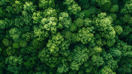 Aerial top view of green trees in forest. Drone view of dense green tree captures CO2. Green tree nature background for carbon neutrality and net zero emissions concept.