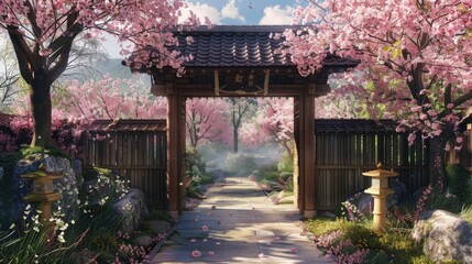 Sakura garden gate: A traditional wooden gate is framed by cascading cherry blossoms, inviting visitors into a world of natural wonder.
