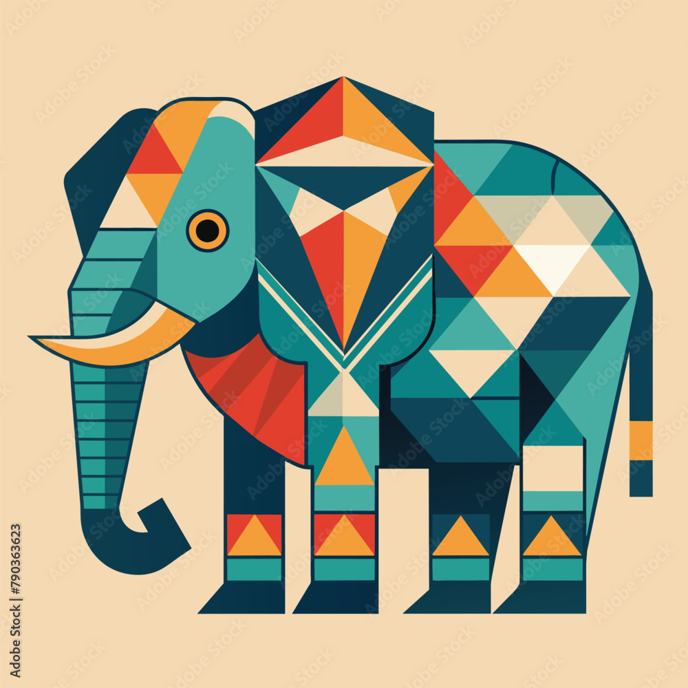 Poster an elephant with a body covered in geometric patterns stands in the wild, a stylized elephant with g