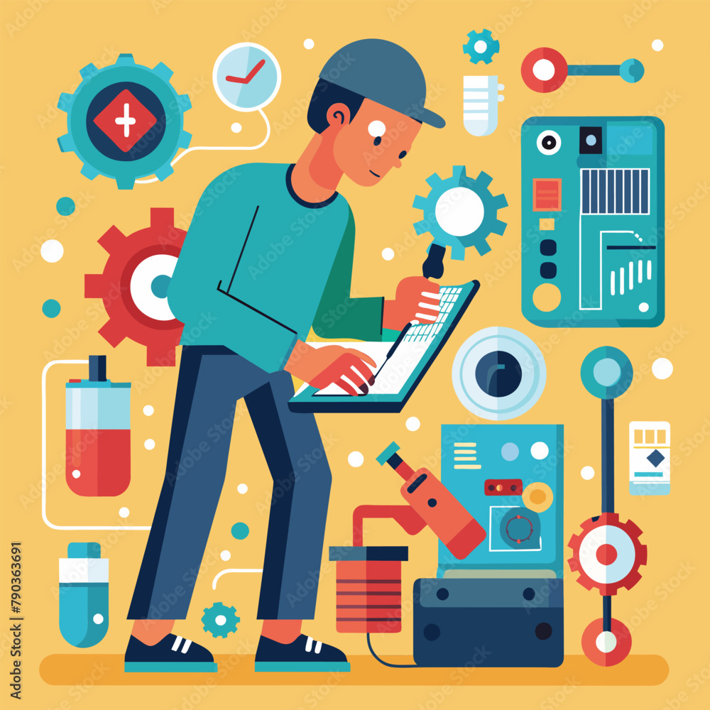 Poster man working on laptop surrounded by tools, a technical guy working on repairing a machine hardware a