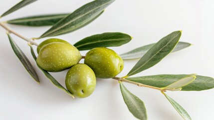 Green olives on branch with green leaves on white background. AI generated image - obrazy, fototapety, plakaty