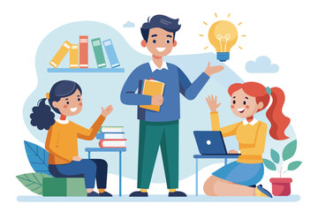 A man standing in front of a laptop surrounded by a group of people, likely teaching or leading a discussion, A teacher gives ideas to his students, Simple and minimalist flat Vector Illustration