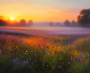 morning dew in the meadow with orange sky