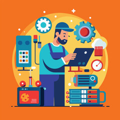 A man is standing in front of a laptop computer, working on repairing it, A technical guy working on repairing a machine hardware and software, Simple and minimalist flat Vector Illustration