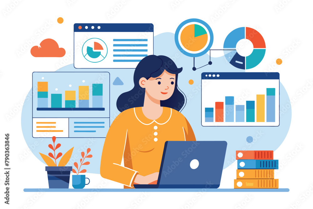 Poster woman sitting in front of a laptop computer, analyzing databases and statistical reports, a woman an