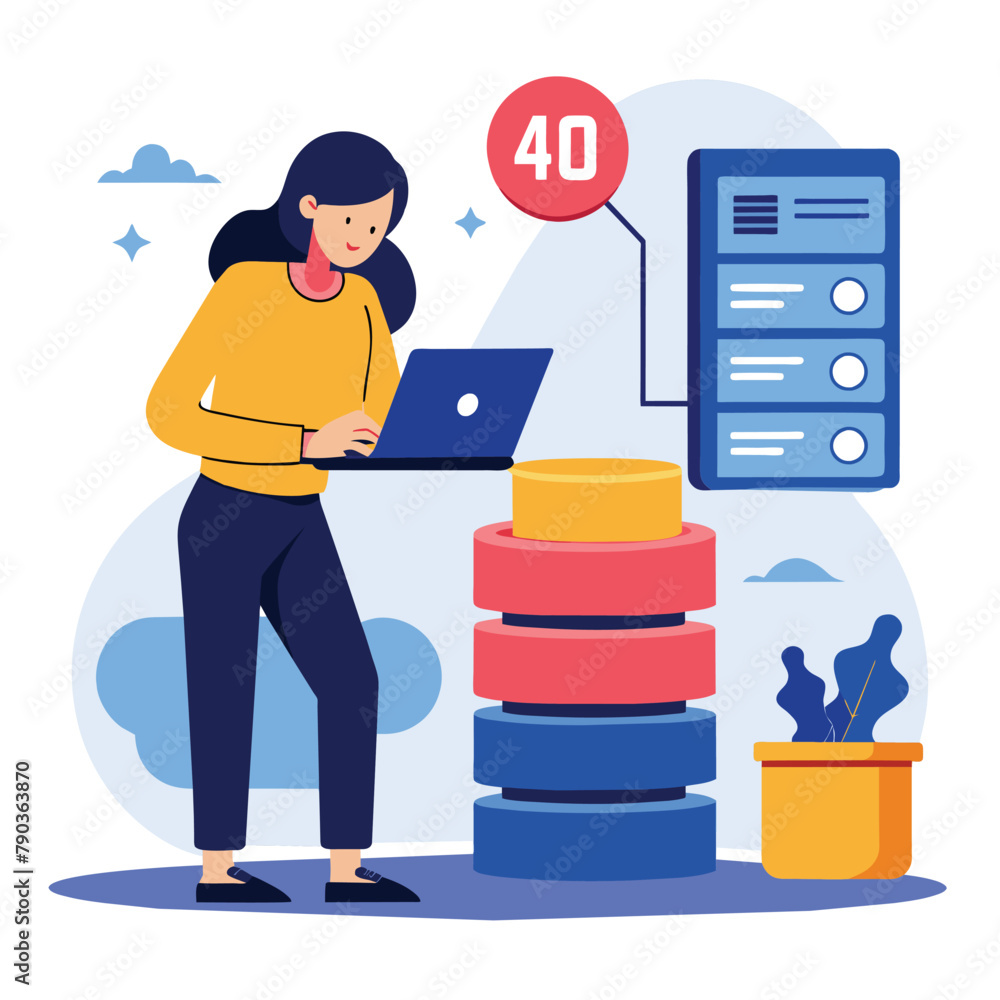 Poster woman busy analyzing data on laptop while working in front of large server in a tech room, a woman a