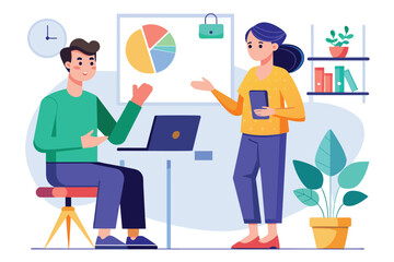 A man and woman are seated at a table, with the woman explaining something on the laptop screen to the man, a woman explaining her work to a man, Simple and minimalist flat Vector Illustration