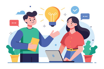 Fototapeta premium A man and woman stand next to each other, looking at a laptop screen, discussing work or ideas, A woman gives an idea to another worker, Simple and minimalist flat Vector Illustration