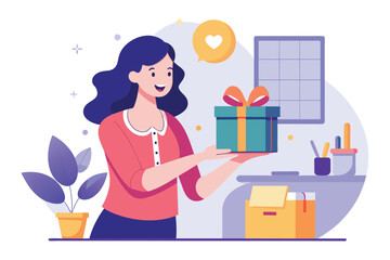 A woman holding a gift box in her hands, looking at it with curiosity and excitement, A woman gets a virtual gift, Simple and minimalist flat Vector Illustration