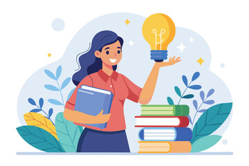 Woman Holding Book and Light Bulb, A woman holding a light bulb idea, found the idea from many books, Simple and minimalist flat Vector Illustration
