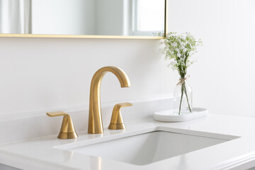 A gold bathroom faucet detail with a plant on the white marble countertop and a gold mirror.