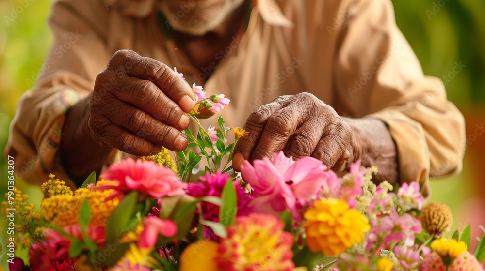 Canvas Prints A man is arranging flowers in a vase on the table, AI