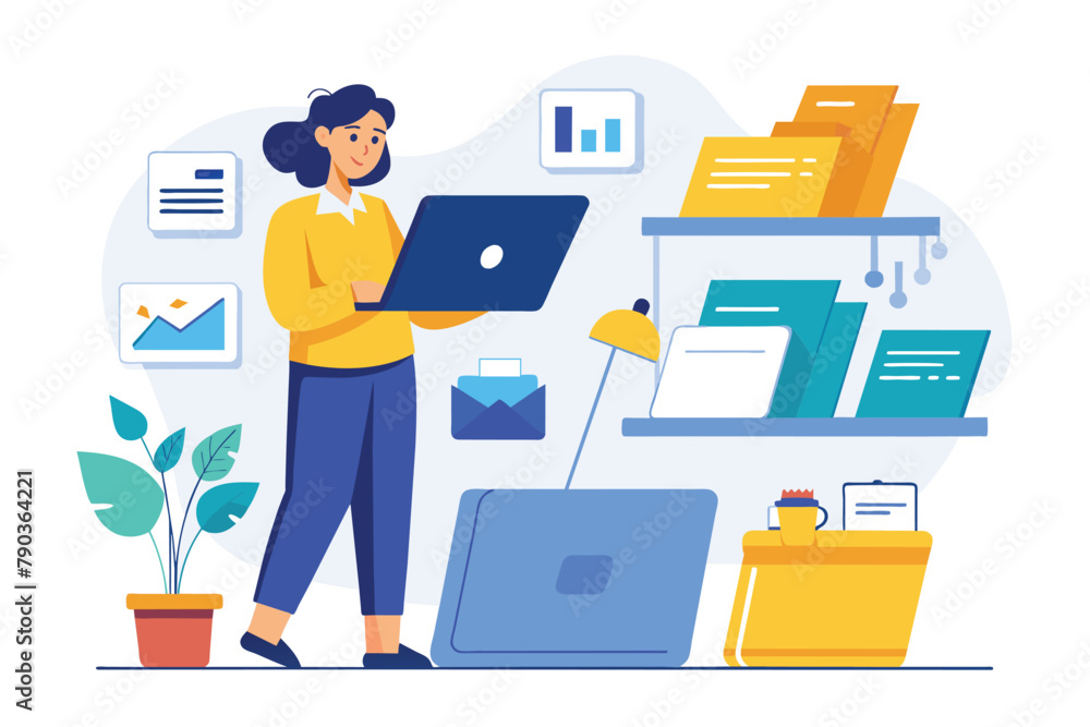 Poster a woman standing in front of a laptop computer, inputting data files into a folder on the screen, a 