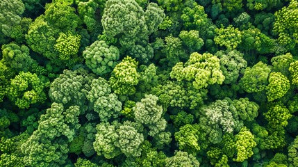 Obraz premium Aerial top view of green trees in forest. Drone view of dense green tree captures CO2. Green tree nature background for carbon neutrality and net zero emissions concept.