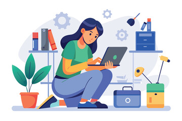 Fototapeta premium A woman seated on the ground, engaged in work on a laptop computer, A woman is checking a device for repairs, Simple and minimalist flat Vector Illustration