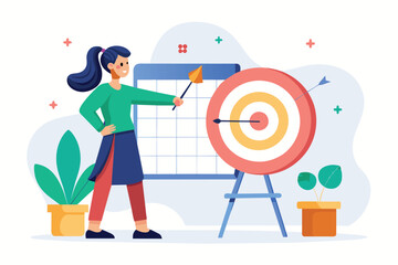 Woman pointing at target on a marked board, aiming for accuracy and precision in goal setting, A woman is making a schedule target, Simple and minimalist flat Vector Illustration