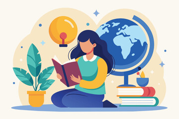 Obraz na płótnie Canvas A woman sits reading a book in front of a globe, A woman reading a book and a globe, Simple and minimalist flat Vector Illustration