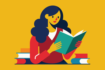 Woman sits on pile of books, engrossed in reading a book, A woman reading a book, Simple and minimalist flat Vector Illustration