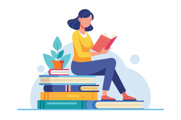 A woman seated atop a tall stack of books, engrossed in reading, a woman reading a book, sitting on a stack of books, Simple and minimalist flat Vector Illustration