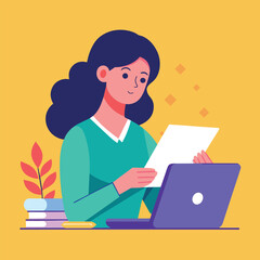 A woman seated at a table, using a laptop to read a user manual, A woman reading the user manual using a laptop trending, Simple and minimalist flat Vector Illustration